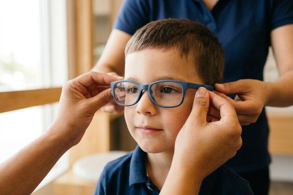 Optician's hands fitting blue eyeglasses on a child, with another adult standing behind adjusting the frames.