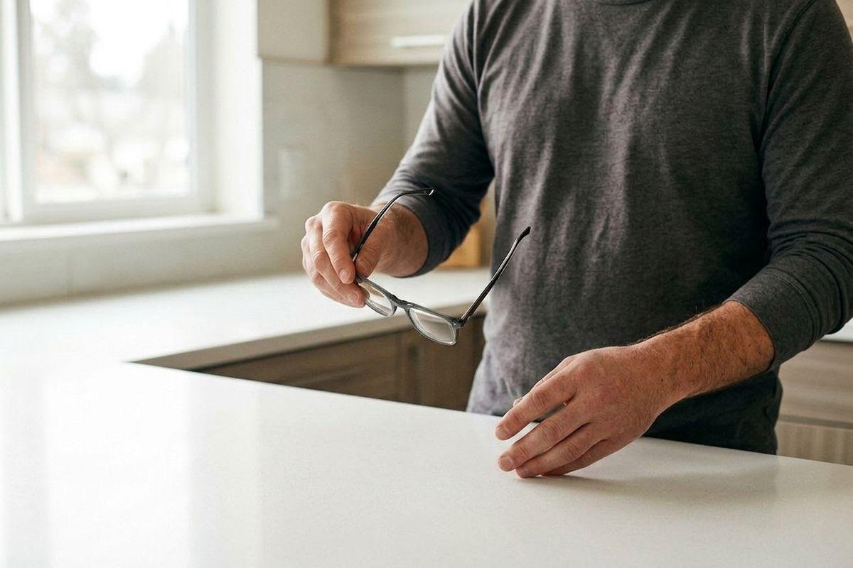 Person in a grey long-sleeved shirt holding a pair of eyeglasses while standing at a white kitchen counter near a window.